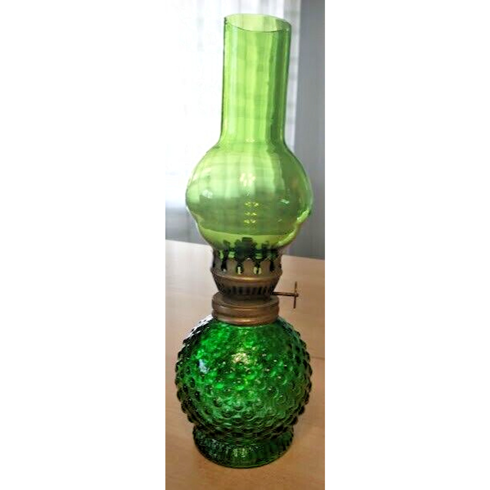 Mid Century Vintage Green Glass Hobnail Miniature Oil Lamp Lantern 8" Rare